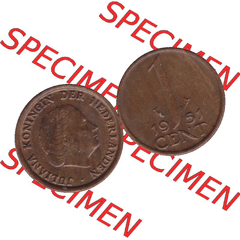 Alte Münze der Niederlande 1951-1975, in PNG digitalisiert 1950-1980, 1 Cent Königin Juliana 1951-01. Vorderseite und Rückseite horizontal auf einen digitalen Bild der... Sammlung