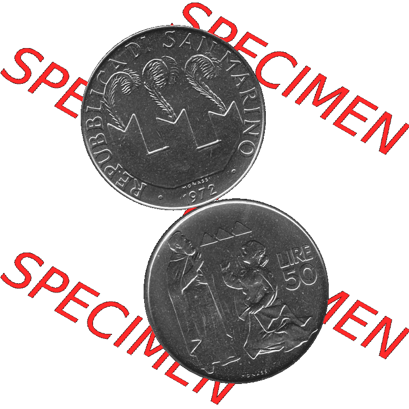 Bildmaterial Münzensatz / KMS 1972 aus San Marino in Graustufen 1972-1972, 50 Lire, 1972, MONASSI REPUBBLICA DI SAN MARINO 50 LIRE Graustufen. PNG Computer-Grafik in Graustufen-PNG... Sammlung