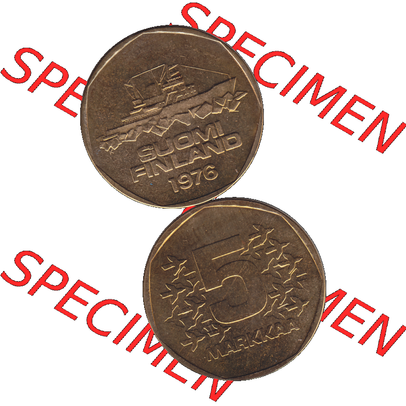 Alte Münzen KMS Finnland, Kursmünzensatz 1976 in Stempelglanz als digitales Computerbild in transparenten PNG 1972-1978, 5 Finnische Mark, Markkaa 1976-1, SUOMI FINLAND.... Sammlung