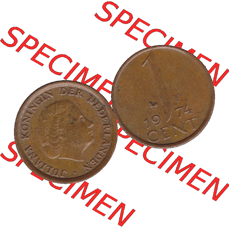 Alte Münze der Niederlande 1951-1975, in PNG digitalisiert 1950-1980, 1 Cent Königin Juliana 1974-01. Vorderseite und Rückseite horizontal auf einen digitalen Bild der... Sammlung