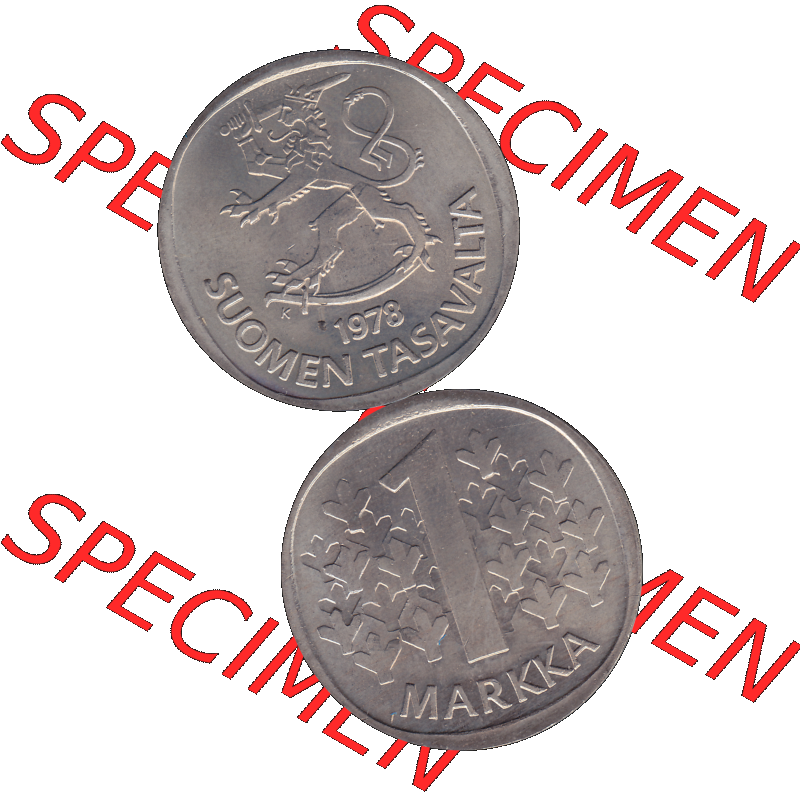 Alte Münzen KMS Finnland, Kursmünzensatz 1978 in Stempelglanz als digitales Computerbild einer finnischen digitalisierten Münze in transparenten PNG 1969-1993, 1 finnische Mark,... Sammlung