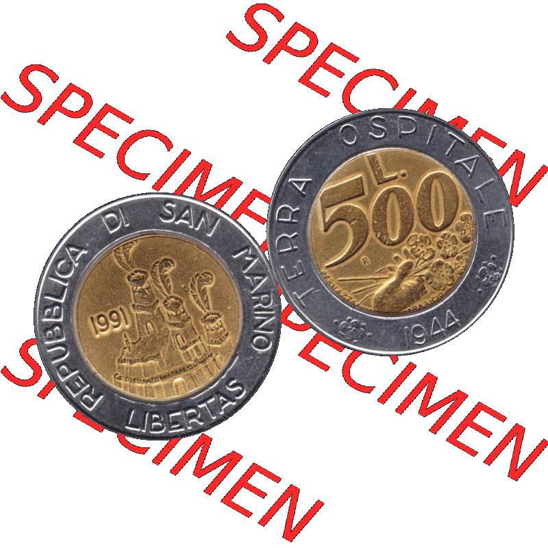 Gedenkmünzen aus San Marino, in PNG 1991-1991, 500 Lire Münze Terra Ospitale 1944 - Jahrgang 1991-01. Vorderseite und Rückseite horizontal auf einen digitalen Bild der... Sammlung
