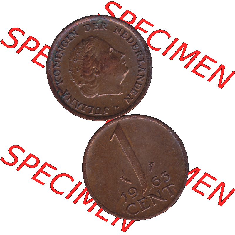 Alte Münze der Niederlande 1951-1975, in PNG digitalisiert 1950-1980, 1 Cent Königin Juliana 1963-01. Vorderseite und Rückseite vertikal auf einen digitalen Bild der alten... Sammlung