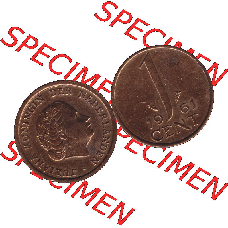 Alte Münze der Niederlande 1951-1975, in PNG digitalisiert 1950-1980, 1 Cent Königin Juliana 1961-01. Vorderseite und Rückseite horizontal auf einen digitalen Bild der... Sammlung