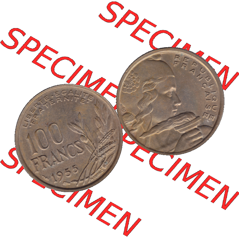 Münzen Frankreich Umlaufmünze 1954-1958, 100 Francs, Franken Typ II 1955-01. Vorderseite und Rückseite horizontal auf einen digitalen Bild der alten französischen... Sammlung