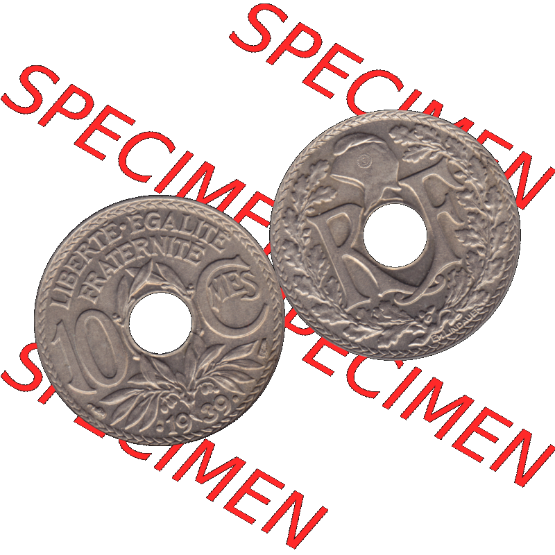 Münzen Frankreich Umlaufmünze in PNG einer Münze aus Frankreich 1938-1939, 10 Centimes, Cent 1939-01. Vorderseite und Rückseite horizontal auf einen digitalen Bild... Sammlung