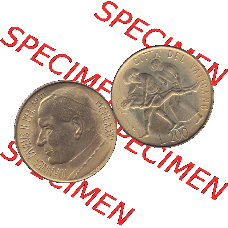 Alte Münze aus der Vatikanstadt / Vatikan als PNG-Grafik 1981-1981, 200 Lire Papst Johannes Paul II 1981-01. Vorderseite und Rückseite horizontal auf einen digitalen Bild der... Sammlung