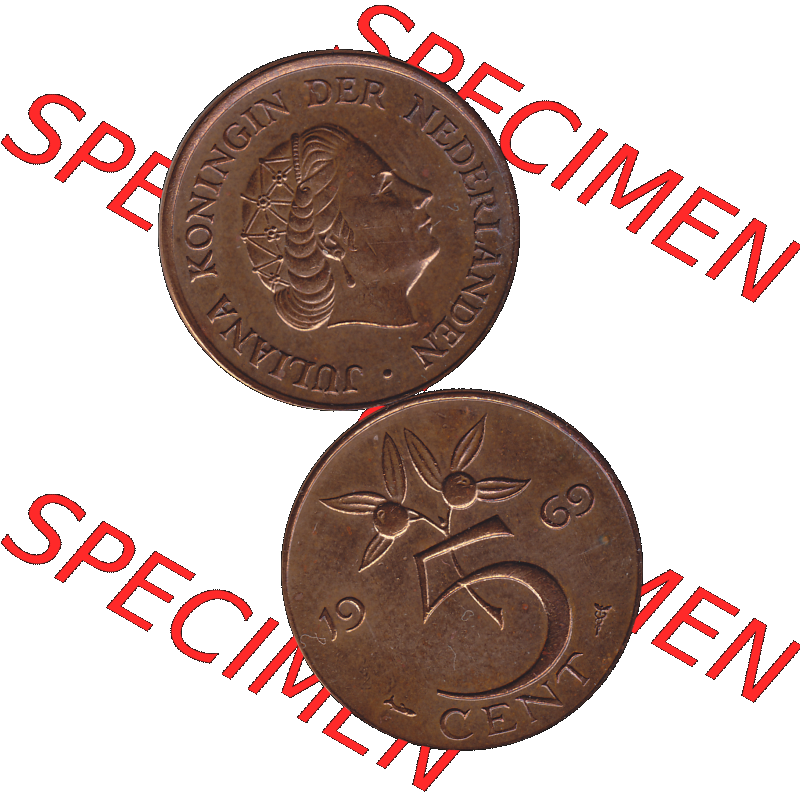 Alte Münze der Niederlande 1951-1975, in PNG digitalisiert 1950-1980, 5 Cent Königin Juliana 1969-01. Vorderseite und Rückseite vertikal auf einen digitalen Bild der alten... Sammlung