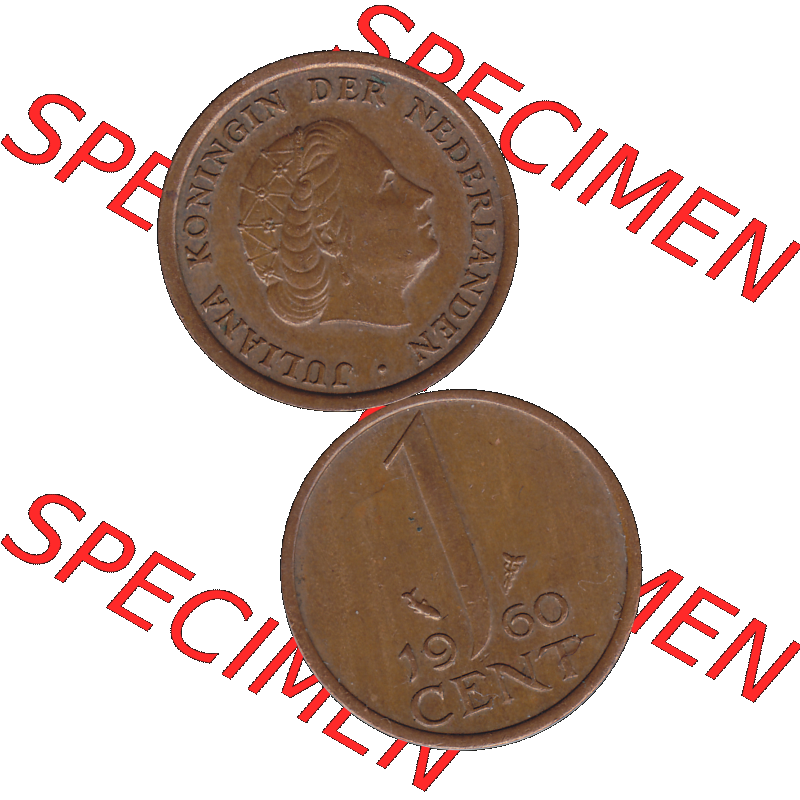 Alte Münze der Niederlande 1951-1975, in PNG digitalisiert 1950-1980, 1 Cent Königin Juliana 1960-01. Vorderseite und Rückseite vertikal auf einen digitalen Bild der alten... Sammlung