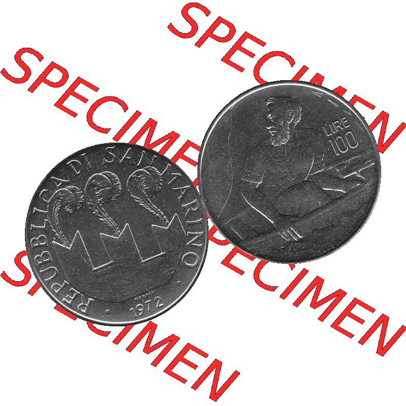 Bildmaterial Münzensatz / KMS 1972 aus San Marino in Graustufen 1972-1972, 100 Lire von 1972, 100 LIRE MONASSI REPUBBLICA DI SAN MARINO Graustufen. PNG Computer-Grafik in Graustufen... Sammlung