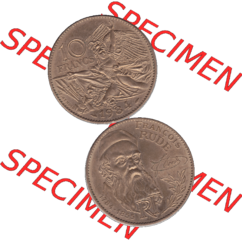 Münzen Frankreich Umlaufmünze 1984-1984, 10 Francs Francois Rude-01 1984-01. Vorderseite und Rückseite vertikal auf einen digitalen Bild der alten französischen Umlaufmünze... Sammlung