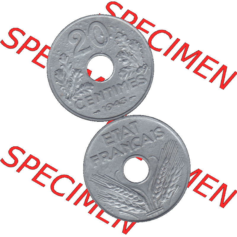 Münzen Frankreich Umlaufmünze in PNG einer Münze aus Frankreich 1941-1944, 20 Centimes, Cent 1943-01. Vorderseite und Rückseite vertikal auf einen digitalen Bild... Sammlung