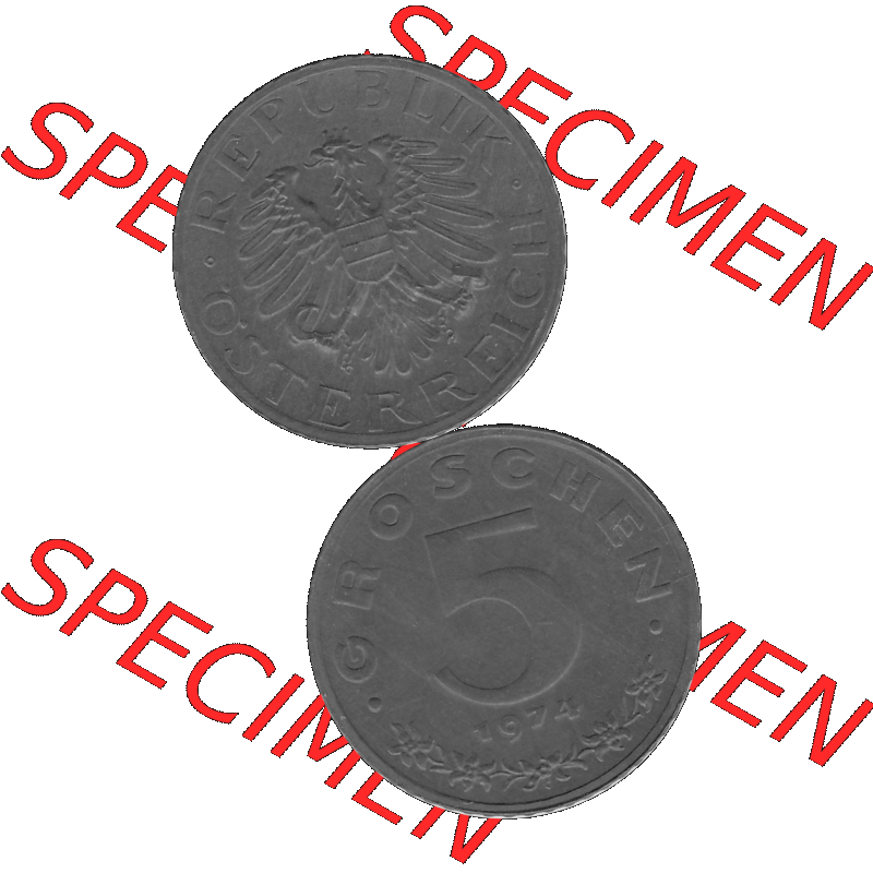 Alte Münze aus KMS Österreich, Kursmünzensatz 1974 in PP 1948-1994, 5 Groschen 1974-01. Vorderseite und Rückseite in Graustufen vertikal auf einen digitalen Bild... Sammlung