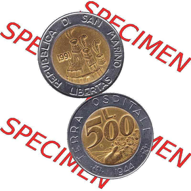 Gedenkmünzen aus San Marino, in PNG 1991-1991, 500 Lire Münze Terra Ospitale 1944 - Jahrgang 1991-01. Vorderseite und Rückseite vertikal auf einen digitalen Bild der alten... Sammlung