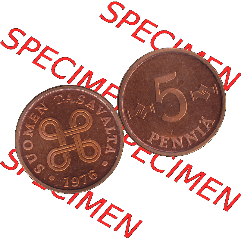 Alte Münzen KMS Finnland, Kursmünzensatz 1976 in Stempelglanz als digitales Computerbild in transparenten PNG 1963-1977, 5 Penny Penniä 1976-1, SUOMEN TASAVALTA.... Sammlung