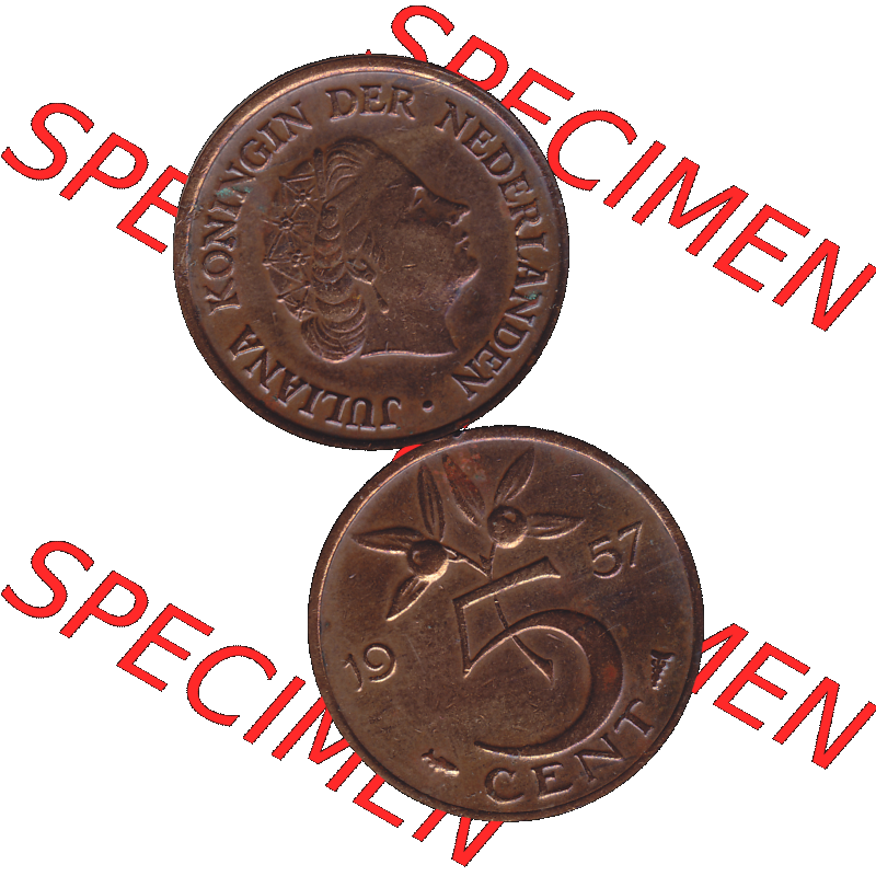 Alte Münze der Niederlande 1951-1975, in PNG digitalisiert 1950-1980, 5 Cent Königin Juliana 1957-01. Vorderseite und Rückseite vertikal auf einen digitalen Bild der alten... Sammlung