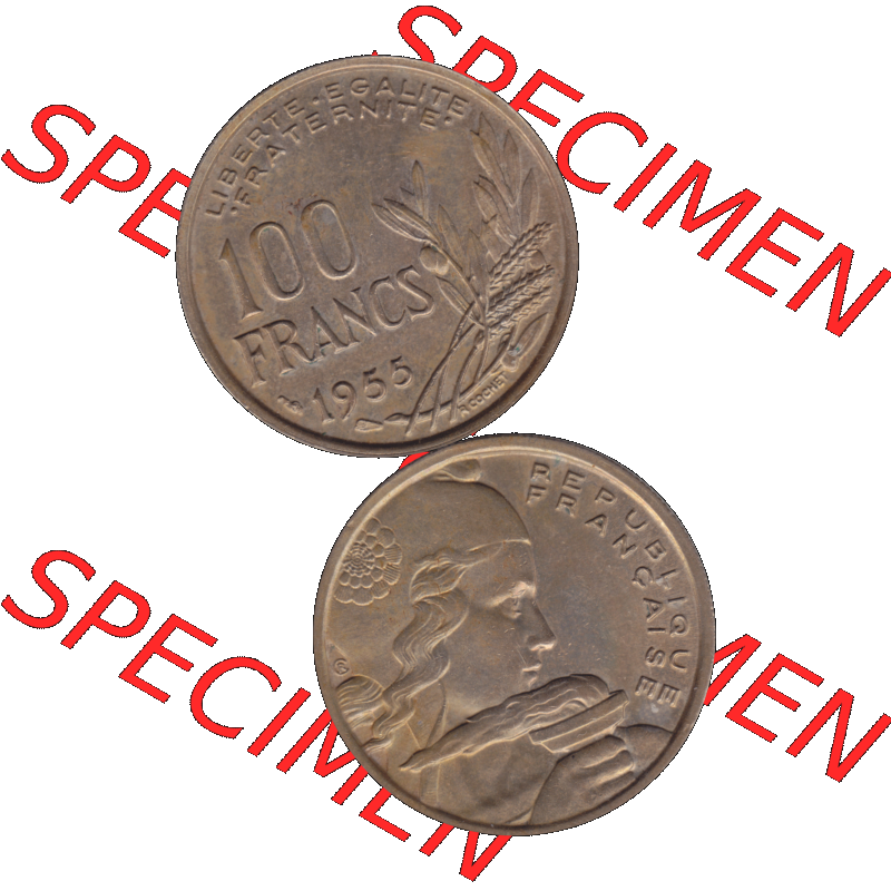 Münzen Frankreich Umlaufmünze 1954-1958, 100 Francs, Franken Typ II 1955-01. Vorderseite und Rückseite vertikal auf einen digitalen Bild der alten französischen Umlaufmünze... Sammlung