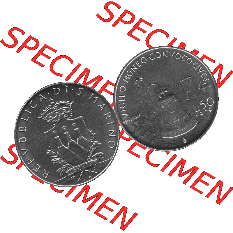 Bildmaterial Münzensatz / KMS 1979 aus San Marino in Graustufen 1979-1979, 50 Lire, J.P. LIBERTAS REPVBBLICA DI S. MARINO, L.50 VIGILO MONEO CONVOCO... Sammlung