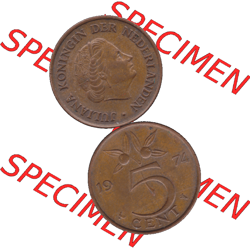 Alte Münze der Niederlande 1951-1975, in PNG digitalisiert 1950-1980, 5 Cent Königin Juliana 1974-01. Vorderseite und Rückseite vertikal auf einen digitalen Bild der alten... Sammlung
