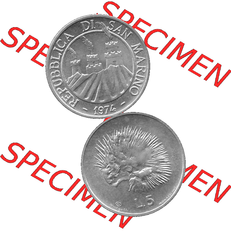 Bildmaterial Münzensatz / KMS 1974 aus San Marino in Graustufen 1974-1974, 5 Lire, L.5 MINGUZZI MONASSI INC. Graustufen. PNG Computer-Grafik in Graustufen-PNG... Sammlung