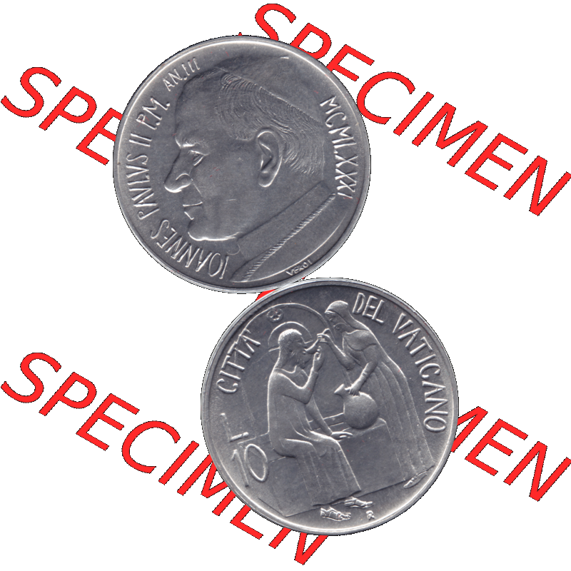 Alte Münze aus der Vatikanstadt / Vatikan als PNG-Grafik 1981-1981, 10 Lire Papst Johannes Paul II. 1981-01. Vorderseite und Rückseite vertikal auf einen digitalen Bild... Sammlung