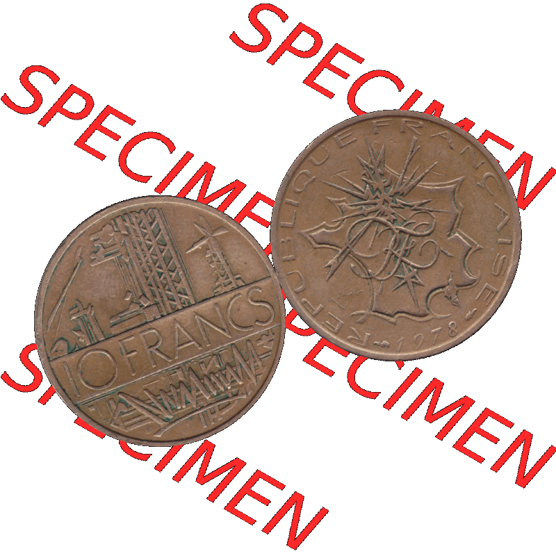 Münzen Frankreich Umlaufmünze 1974-1987, 10 Franken-Francs 1978-02. Vorderseite und Rückseite horizontal auf einen digitalen Bild der alten französischen Umlaufmünze... Sammlung
