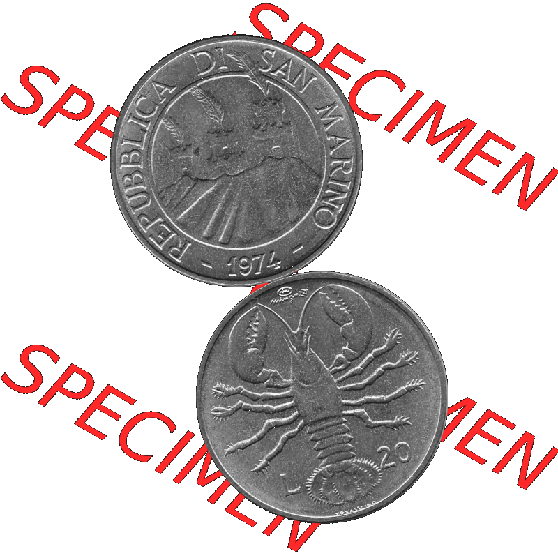 Bildmaterial Münzensatz / KMS 1974 aus San Marino in Graustufen 1974-1974, 20 Lire, L.20 MINGUZZI MONASSI INC. Graustufen. PNG Computer-Grafik in Graustufen-PNG... Sammlung