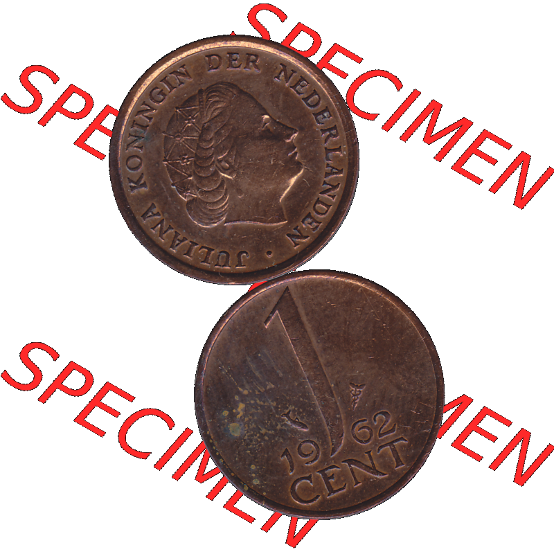 Alte Münze der Niederlande 1951-1975, in PNG digitalisiert 1950-1980, 1 Cent Königin Juliana 1962-01. Vorderseite und Rückseite vertikal auf einen digitalen Bild der alten... Sammlung