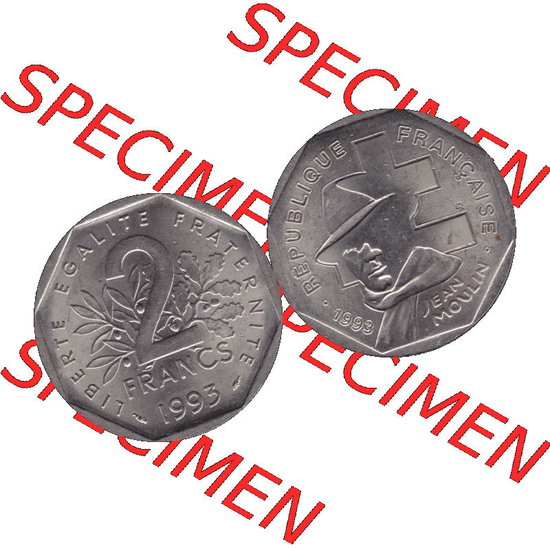 Münzen Frankreich Umlaufmünze 1993-1993, 2 Francs Jean Moulin 1993-01. Vorderseite und Rückseite horizontal auf einen digitalen Bild der alten französischen Umlaufmünze... Sammlung