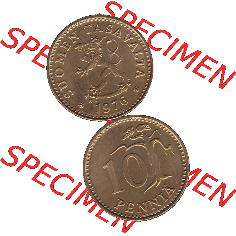 Alte Münzen KMS Finnland, Kursmünzensatz 1976 in Stempelglanz als digitales Computerbild in transparenten PNG 1963-1982, 10 Penny, Penniä 1976-1, SUOMEN TASAVALTA.... Sammlung