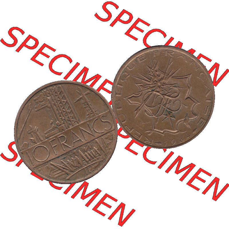 Münzen Frankreich Umlaufmünze 1974-1987, 10 Franken-Francs 1984-01. Vorderseite und Rückseite horizontal auf einen digitalen Bild der alten französischen Umlaufmünze... Sammlung