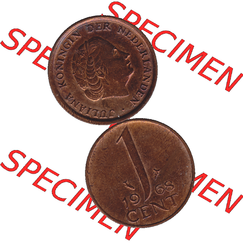 Alte Münze der Niederlande 1951-1975, in PNG digitalisiert 1950-1980, 1 Cent Königin Juliana 1968-01. Vorderseite und Rückseite vertikal auf einen digitalen Bild der alten... Sammlung