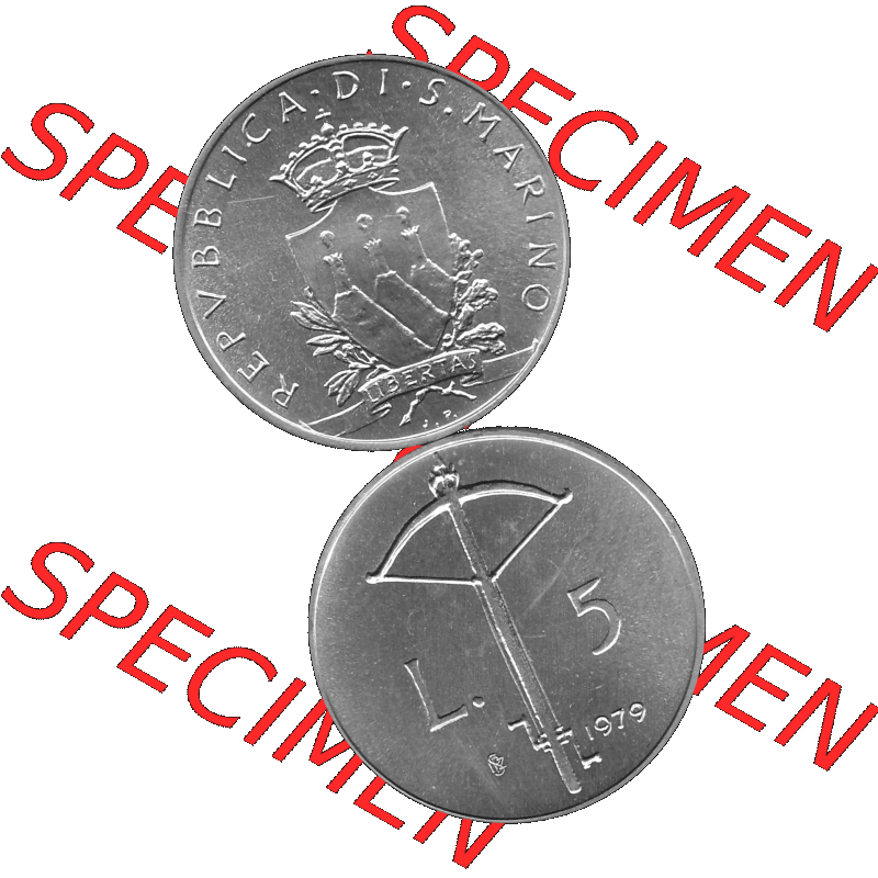 Bildmaterial Münzensatz / KMS 1979 aus San Marino in Graustufen 1979-1979, 5 Lire, LIBERTAS REPVBBLICA DI S. MARINO, 1979 L.5 Graustufen. PNG Computer-Grafik... Sammlung