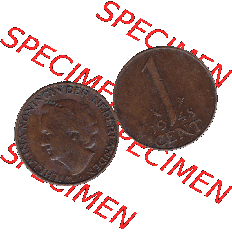 Alte Münze aus der Niederlande 1926-1950, in PNG digitalisiert 1948-1948, 1 Cent Königin Wilhelmina 1948-01. Vorderseite und Rückseite horizontal auf einen digitalen Bild... Sammlung