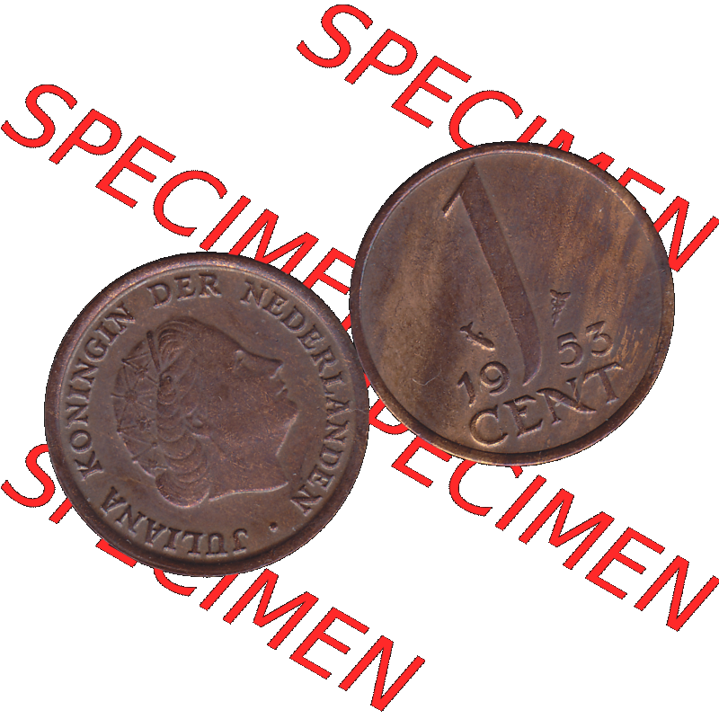 Alte Münze der Niederlande 1951-1975, in PNG digitalisiert 1950-1980, 1 Cent Königin Juliana 1953-01. Vorderseite und Rückseite horizontal auf einen digitalen Bild der... Sammlung