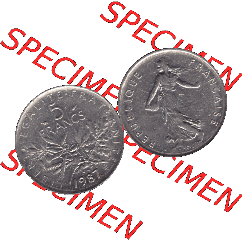 Münzen Frankreich Umlaufmünze 1970-2001, 5 Francs Liberte Egalite Fraternite 1987-01. Vorderseite und Rückseite horizontal auf einen digitalen Bild der alten französischen... Sammlung