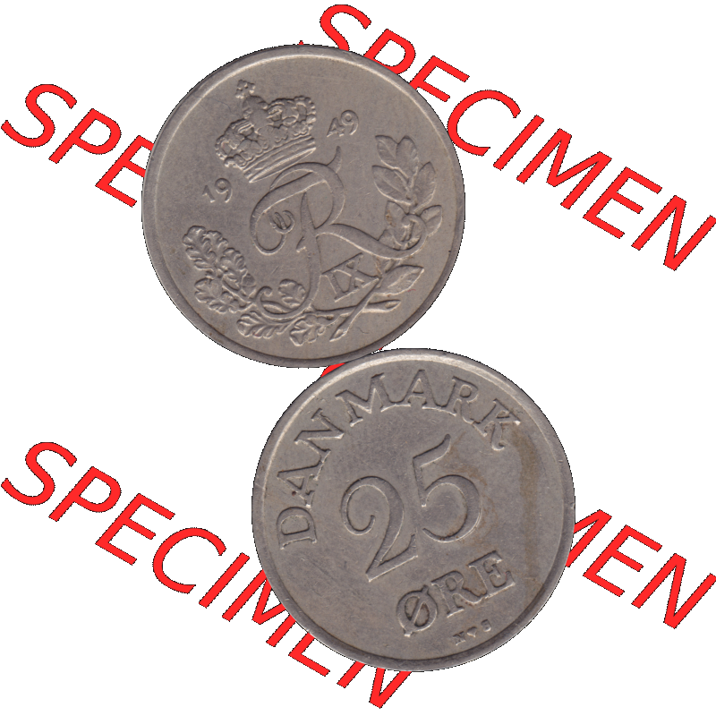 Alte Münze aus Dänemark als PNG-Grafik 1948-1955, 25 Öre 1949-01 Kursmünze. Vorderseite und Rückseite vertikal auf einen digitalen Bild der alten dänischen Umlaufmünze... Sammlung