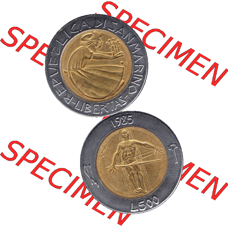 Gedenkmünzen aus San Marino, in PNG 1985-1985, 500 Lire Drogenkrieg 1985-01. Vorderseite und Rückseite vertikal auf einen digitalen Bild der alten Gedenkmünze aus San... Sammlung