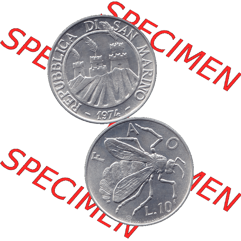 Bildmaterial Münzensatz / KMS 1974 aus San Marino Münze 1974-1974 als transparente PNG-Grafik, 10 Lire, L.10 MINGUZZI MONASSI INC.. Die digitalisierte Münze... Sammlung