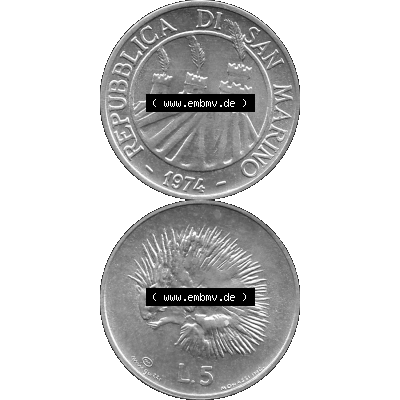 Bildmaterial Münzensatz / KMS 1974 aus San Marino in Graustufen 1974-1974, 5 Lire, L.5 MINGUZZI MONASSI INC. Graustufen. PNG Computer-Grafik in Graustufen-PNG... Sammlung
