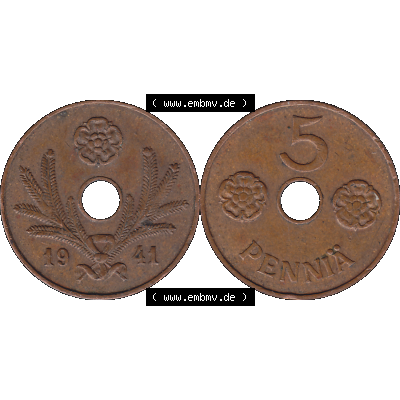 Alte Münzen KMS Finnland, Kursmünzensatz Finnland in transparenten digitalen PNG-Format 1941-1943, 5 Penny, Penniä, Kupfer 1941-1. Die digitalisierte Münze... Sammlung