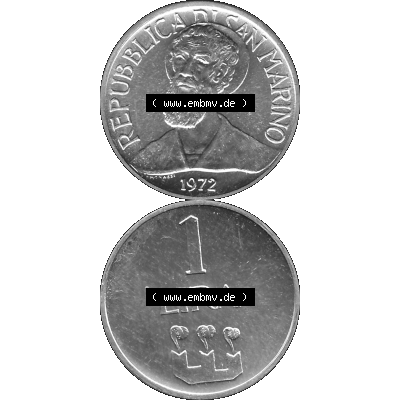 Bildmaterial Münzensatz / KMS 1972 aus San Marino in Graustufen 1972-1972, 1 Lira, Lire 1972, 1 LIRA MONASSI REPUBBLICA DI SAN MARINO Graustufen. PNG Computer-Grafik in... Sammlung