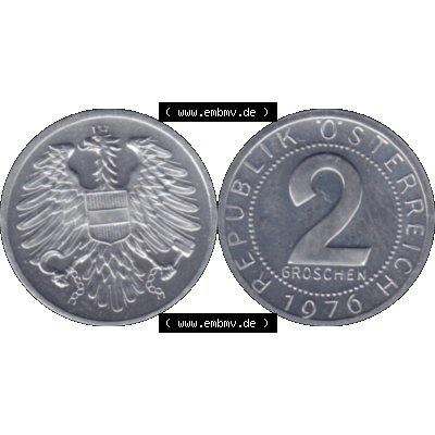 Alte Münze aus Österreich, in PNG digitalisiert 1950-1994, 2 Groschen 1976-01. Vorderseite und Rückseite horizontal auf einen digitalen Bild der alten österreichischen... Sammlung