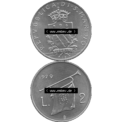 Bildmaterial Münzensatz / KMS 1979 aus San Marino in Graustufen 1979-1979, 2 Lire, J. V. LIBERTAS REPVBBLICA DI S. MARINO, 1979 L.2 Graustufen.... Sammlung