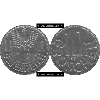 Alte Münze aus KMS Österreich, Kursmünzensatz 1974 in PP 1951-2001, 10 Groschen 1974-01. Vorderseite und Rückseite vertikal auf einen digitalen Graustufen Bild der... Sammlung