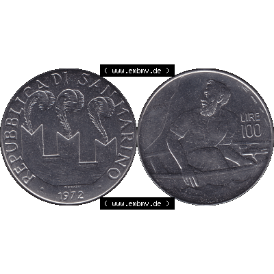 Bildmaterial in PNG-Grafiken Münzensatz / KMS 1972 aus San Marino 1972-1972, Münze 100 Lire von 1972, 100 LIRE MONASSI REPUBBLICA DI SAN MARINO. Die digitalisierte Münze... Sammlung