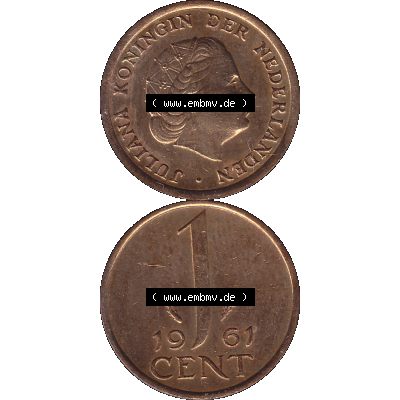 Alte Münze der Niederlande 1951-1975, in PNG digitalisiert 1950-1980, 1 Cent Königin Juliana 1961-02. Vorderseite und Rückseite vertikal auf einen digitalen Bild der alten... Sammlung