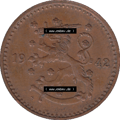 Alte Münzen KMS Finnland, Kursmünzensatz Finnland in transparenten digitalen PNG-Format 1940-1951, 1 finnische Mark, Markka, Kupfer 1942-1. Vorderseite als PNG-Grafik... Sammlung