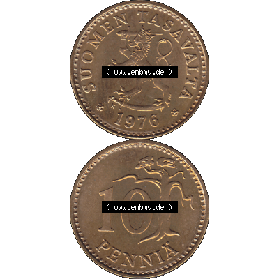 Alte Münzen KMS Finnland, Kursmünzensatz 1976 in Stempelglanz als digitales Computerbild in transparenten PNG 1963-1982, 10 Penny, Penniä 1976-1, SUOMEN TASAVALTA.... Sammlung