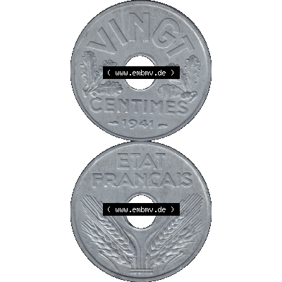 Münzen Frankreich Umlaufmünze in PNG einer Münze aus Frankreich 1941-1941, VINGT 20 Centimes, Cent-01. Vorderseite und Rückseite vertikal auf einen digitalen Bild... Sammlung